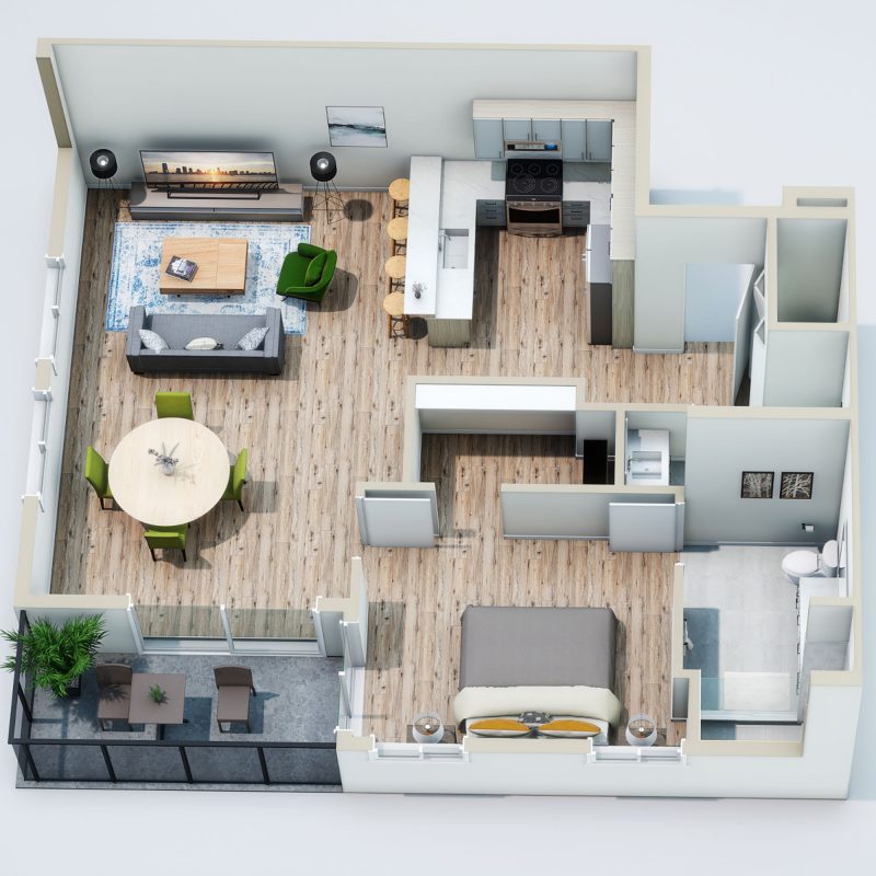 1 Bedroom Type A: 1 Bed, 1.5 Bath, 823 Sqft